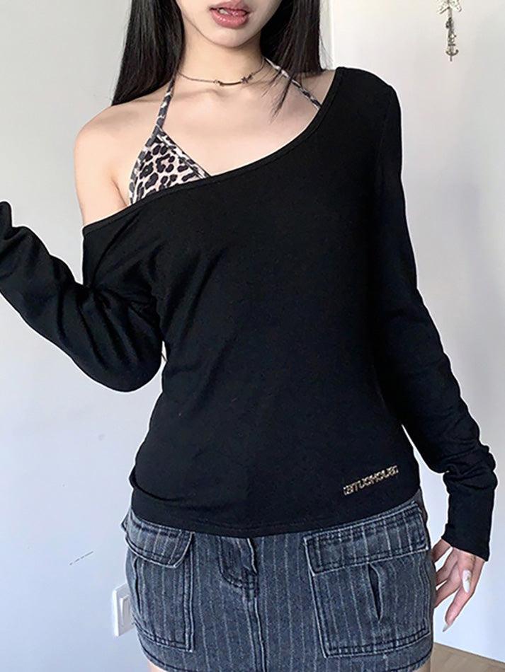 BXOXO - Leopard Print One Shoulder Long Sleeve Tee