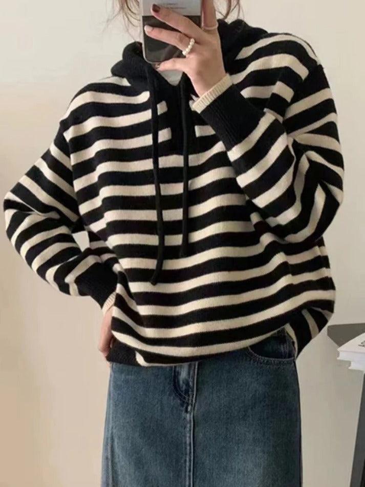 Vintage Contrast Color Striped Hooded Knit Sweater