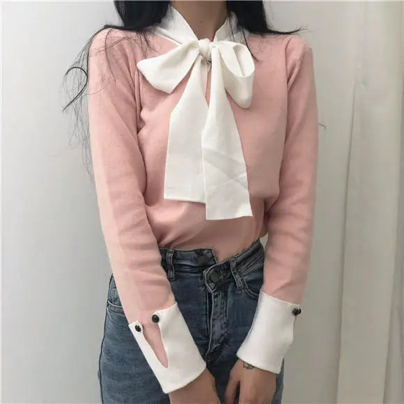 BXOXO party look inspos Korobov Korean Lacing Bow Sweet Women Pullovers Hit Color Basic Long Sleeve Female Sweaters Elegant Patchwork Sueter Mujer