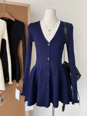 BXOXO Autumn Korean Fashion V Neck Knit Dress Women Designer Sweet Slim Sweater Dresses Female Retro Solid Y2k Knitted Mini Dress New