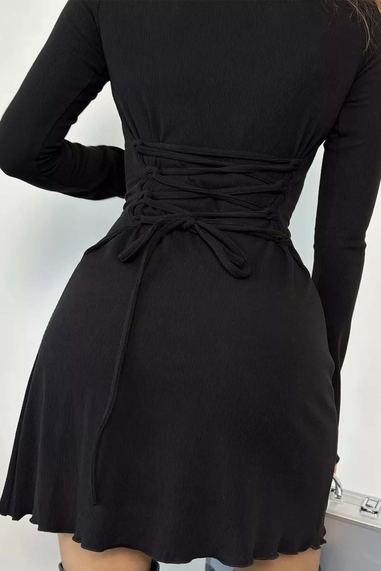 BXOXO - Solid Color Tie-Back Knitted Mini Dress