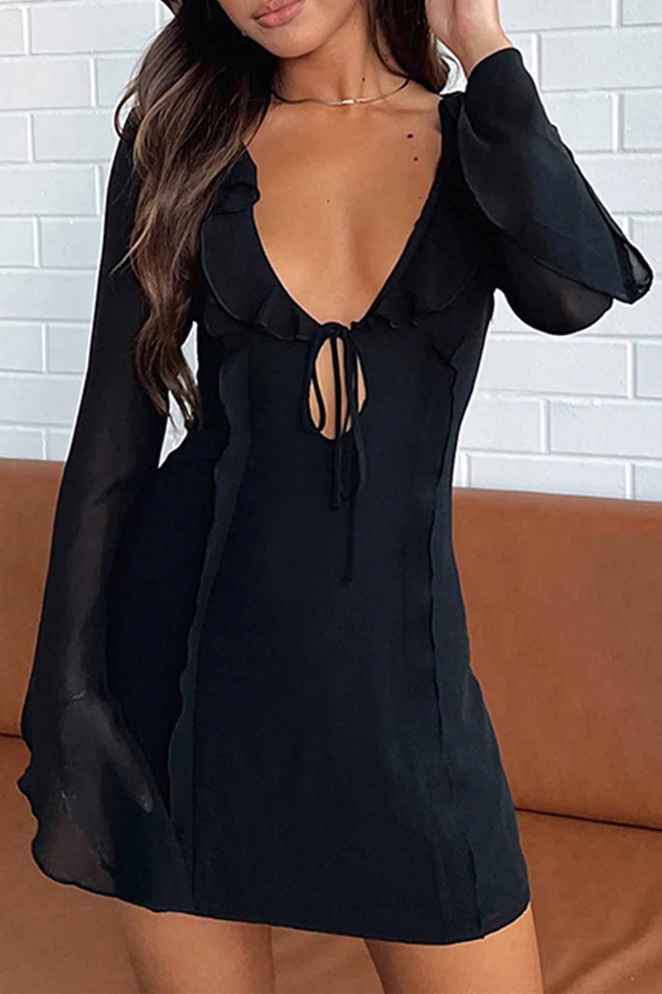 BXOXO - Ruffled Long Sleeved Lace Up Mini Dress