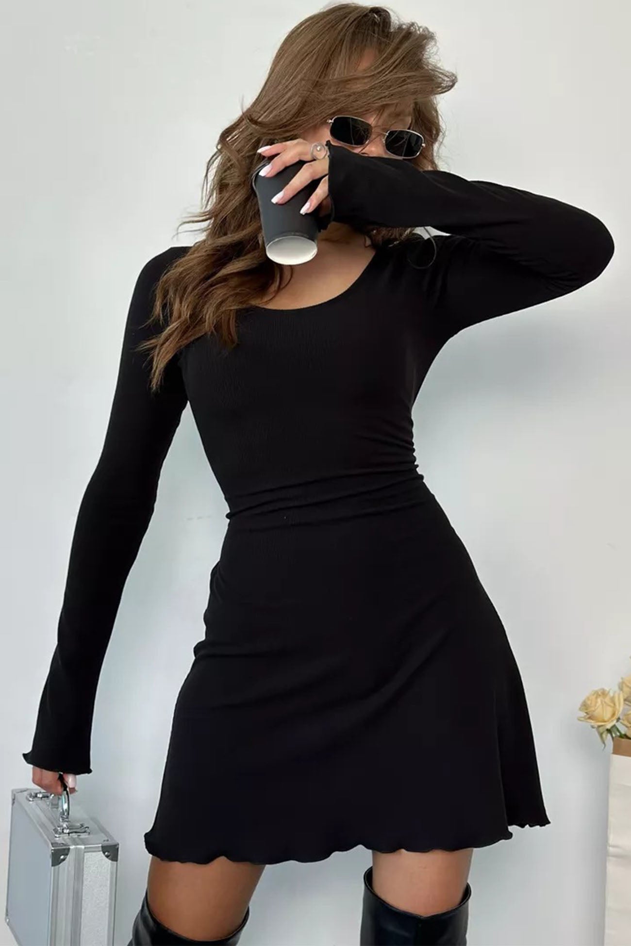 BXOXO - Solid Color Tie-Back Knitted Mini Dress