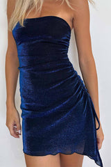 BXOXO - Glitter Ruched Sleeveless Drawstring Slit Dress