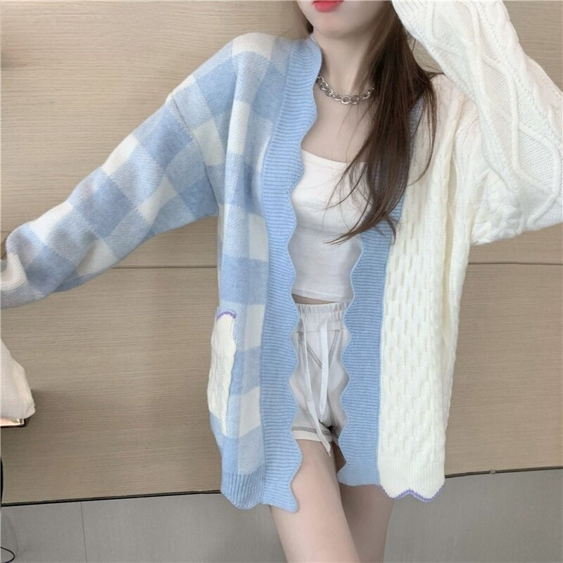 BXOXO - Patchwork Plaid Knitted Cardigan