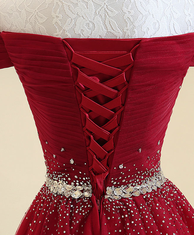 BXOXO Burgundy Tulle Off Shoulder Long Prom Dress, Burgundy Evening Dress