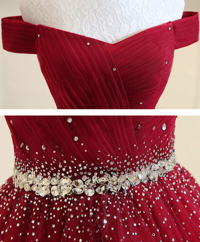 BXOXO Burgundy Tulle Off Shoulder Long Prom Dress, Burgundy Evening Dress