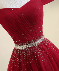 BXOXO Burgundy Tulle Off Shoulder Long Prom Dress, Burgundy Evening Dress