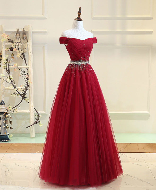 BXOXO Burgundy Tulle Off Shoulder Long Prom Dress, Burgundy Evening Dress