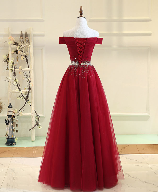BXOXO Burgundy Tulle Off Shoulder Long Prom Dress, Burgundy Evening Dress