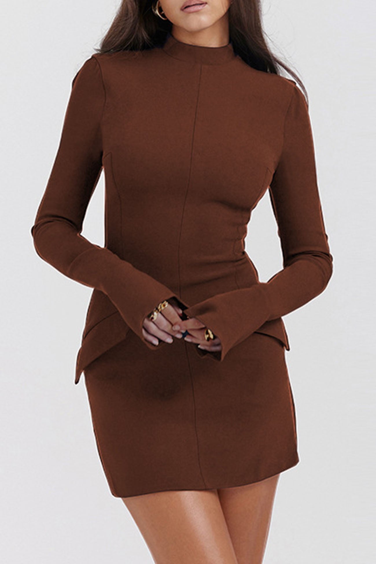 BXOXO - Solid Color Mock Neck Bell Sleeve Dress