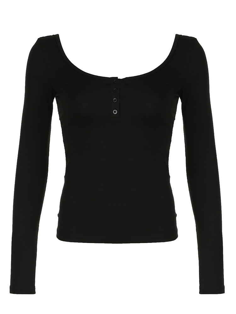 BXOXO - summer inspo Sweetown Back See Through Lace Patchwork Elegant Sexy Black T Shirt Women Button Up O Neck Slim Long Sleeve Solid Basic Tees