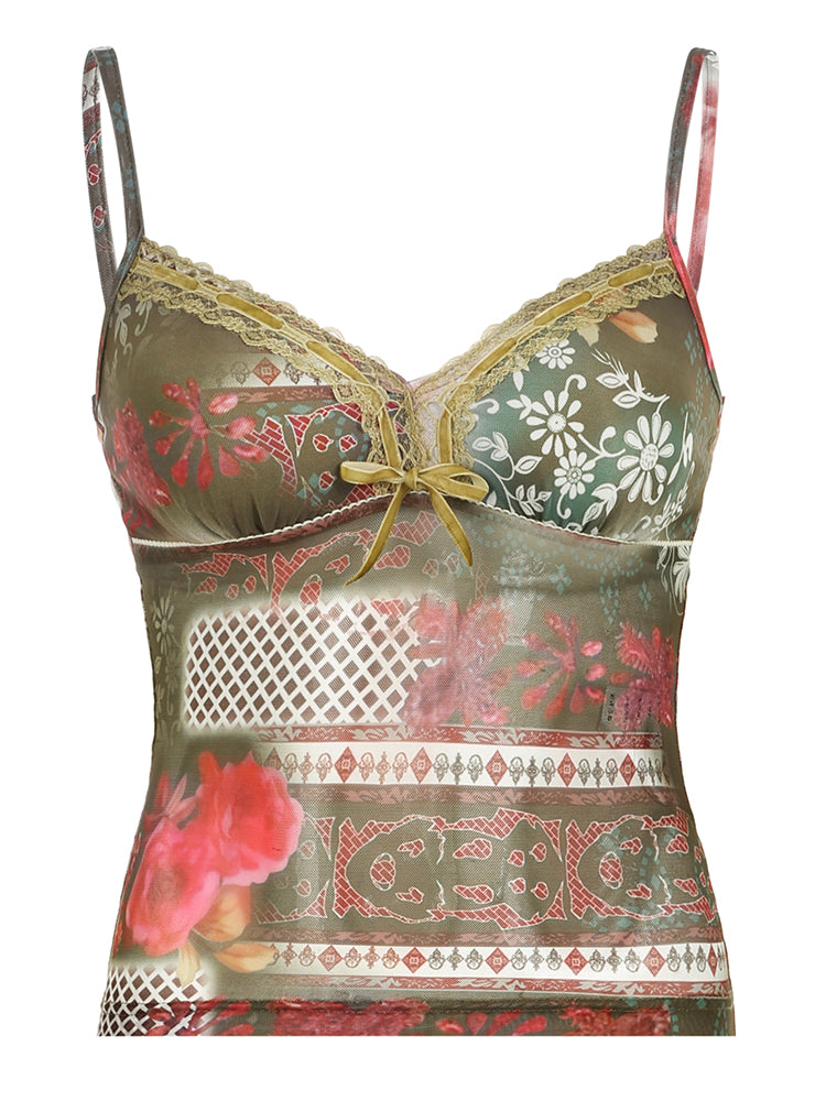 BXOXO - summer inspo Plant And Floral Print Vintage Y2K Aesthetic Mesh Camisole Women Tie Lace Trim Cute Kawaii Clothes