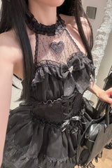 BXOXO Black Halterneck Triple-Layered Bowknot Lace Gothic Lolita Jsk Dress