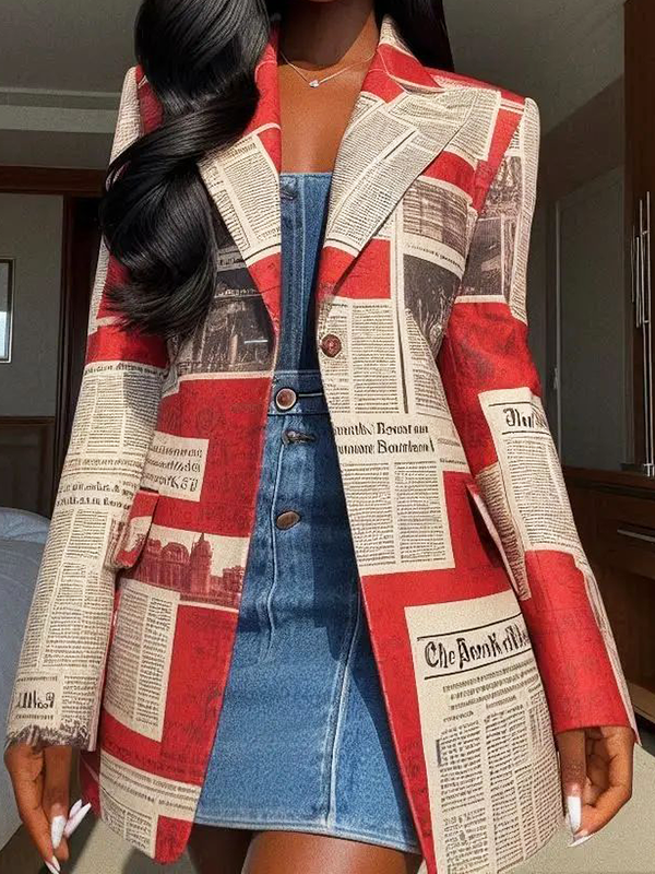 BXOXO Long Sleeves Loose Buttoned Newspaper Print Pockets Split-Joint Notched Collar Blazer Outerwear