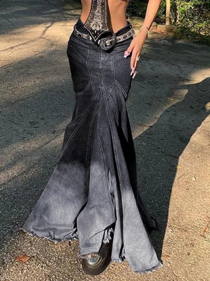 Vintage Ombre Splice Raw Hem Mermaid Denim Maxi Skirt