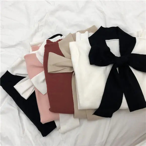 BXOXO party look inspos Korobov Korean Lacing Bow Sweet Women Pullovers Hit Color Basic Long Sleeve Female Sweaters Elegant Patchwork Sueter Mujer