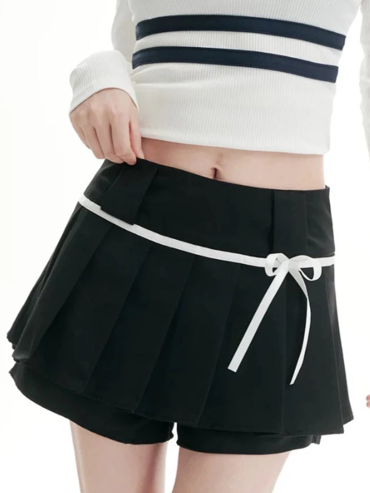 BXOXO Sweet Y2k Bow Pleated Skirts Women Coquette Brown Skirt Shorts Kawaii Vintage A-line Solid Mini Skirts Aesthetics Sexy