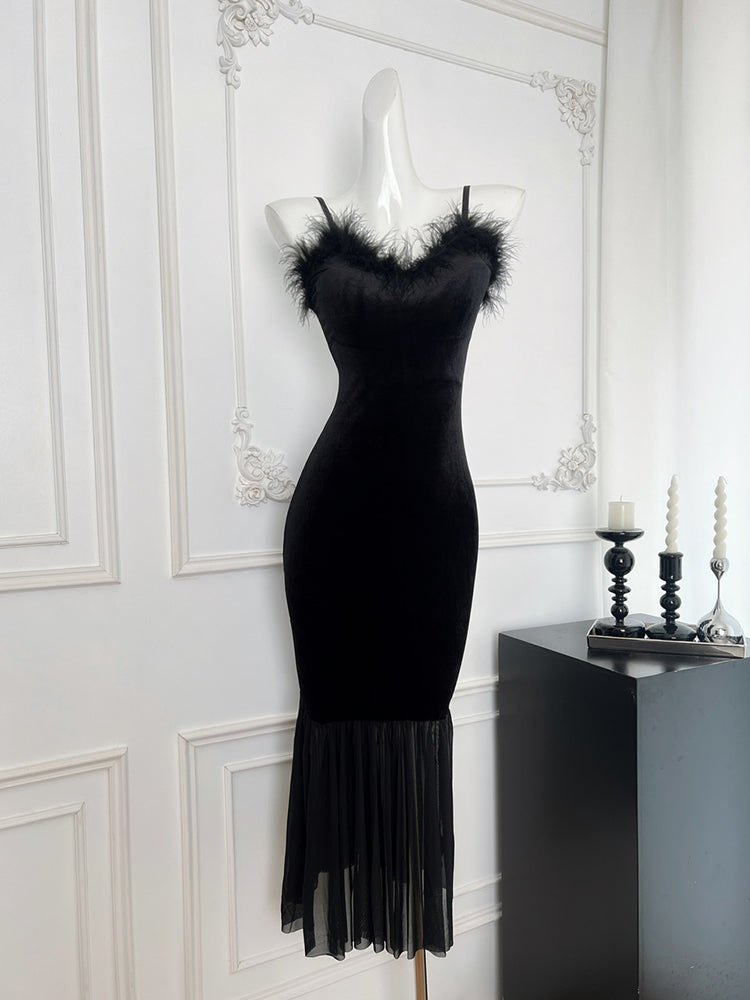 BXOXO - summer inspo French Style Elegant Velvet Suspender Dress For Women's Autumn New Black Temperament Fishtail Evening Dress