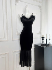 BXOXO - summer inspo French Style Elegant Velvet Suspender Dress For Women's Autumn New Black Temperament Fishtail Evening Dress