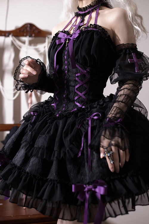 BXOXO - Black Purple Tube Top Sleeveless Blowknot Ruffled Gothic Lolita Tiered Dress