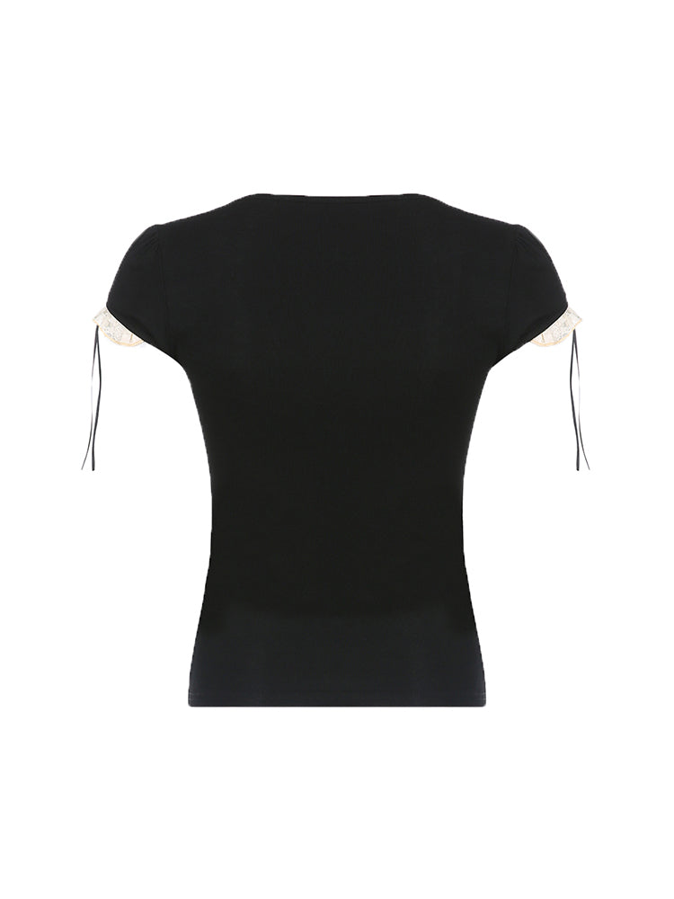 BXOXO - summer inspo Sweet Y2K Contrast Lace Patchwork Square Collar Black T-Shirt Women Short Sleeve Basic Balletcore Cute Summer Tops