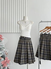 BXOXO Spring France Elegant Sweet Long Skirts Women Zipper Pleated Splicing Plaid Skirts New Female Casual Fit Chic 2000s Clothes Y2k