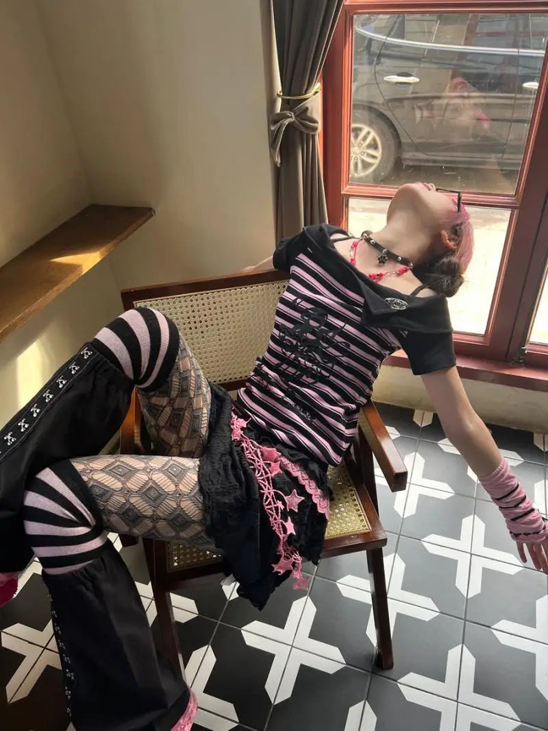 BXOXO Y2k Punk Sexy Women Clothing Gothic Stripe Streetwear Pink One shoulder Kawaii Skulls Aesthetic T Shirts 2000s Grunge Crop Top