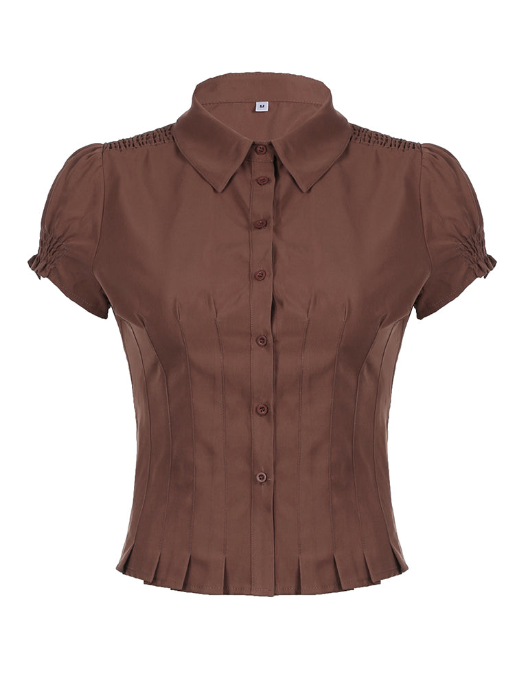 BXOXO - summer inspo American Retro Preppy Brown Shirts Women Button Up Turn Down Collar Puff Sleeve Shirring Pleated Hem Slim Casual Tops