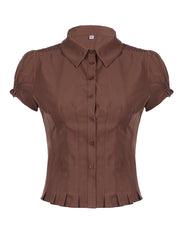 BXOXO - summer inspo American Retro Preppy Brown Shirts Women Button Up Turn Down Collar Puff Sleeve Shirring Pleated Hem Slim Casual Tops