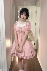 BXOXO Pink Annie's Gift Short Sleeves Bowknot Short Version Sweet Lolita Dress (Plus Size Support)