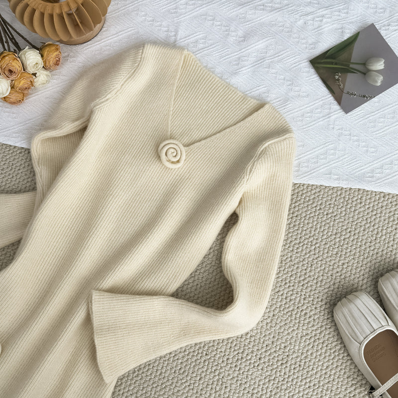BXOXO - summer inspo Autumn and Winter Knitted Long Dress Women Fashion Retro Three-dimensional Flower V-neck Knitted Fishtail Dress Casual Versatile