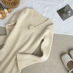 BXOXO - summer inspo Autumn and Winter Knitted Long Dress Women Fashion Retro Three-dimensional Flower V-neck Knitted Fishtail Dress Casual Versatile