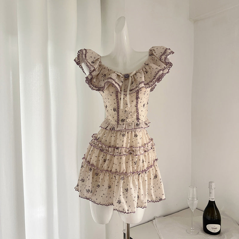 BXOXO - summer inspo 2025 Holiday Floral Print Two Pieces Suits Women Crop Tops + A-Line Ruffles Short Skirt Vintage Beach Sets