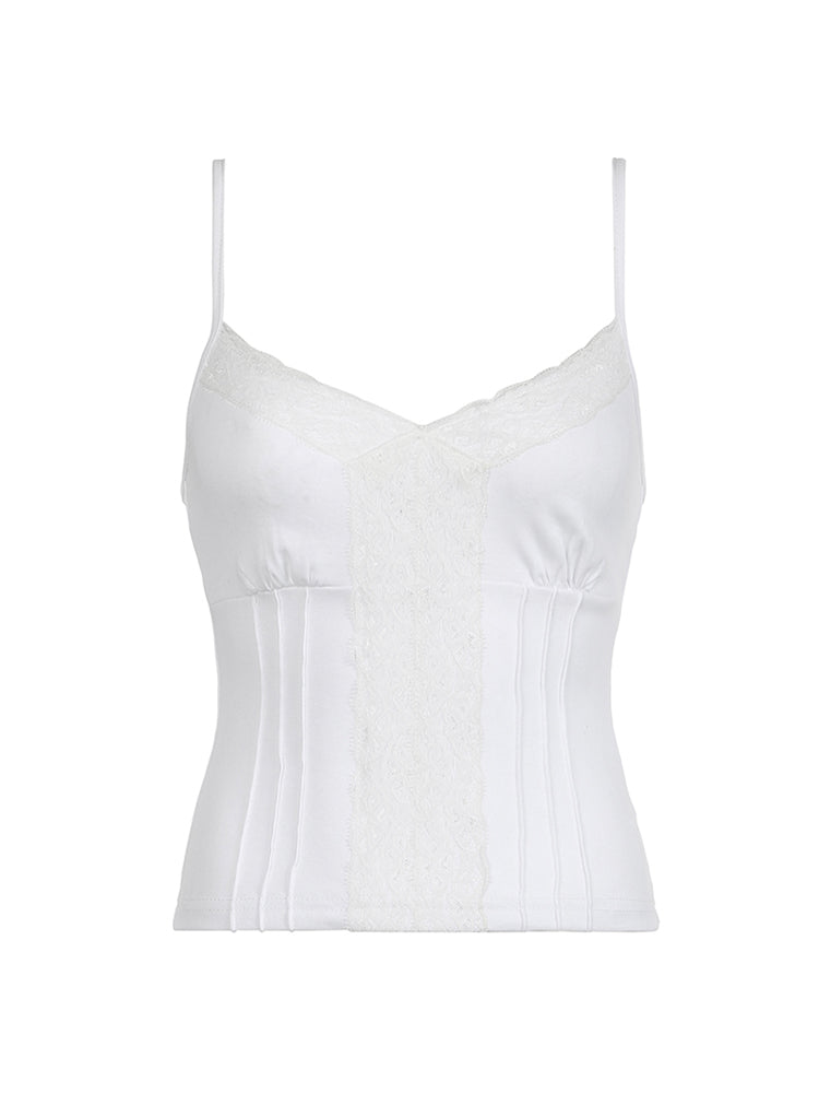 BXOXO - summer inspo Sweetown Black Solid Lace Patchwork Slim V Neck Basic Cute Camisole Women White Y2K Crop Top