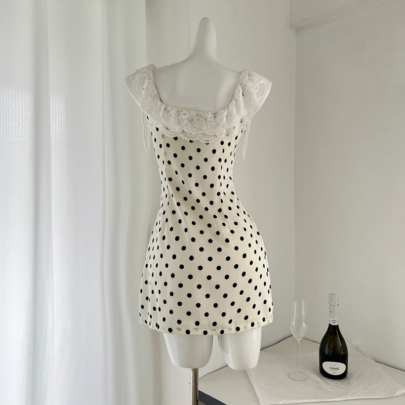BXOXO - summer inspo French Retro Polka Dot Print Sexy Sling Dress Women 2025 New Lace Stitching Bodycon Mini Sundress Holiday Party
