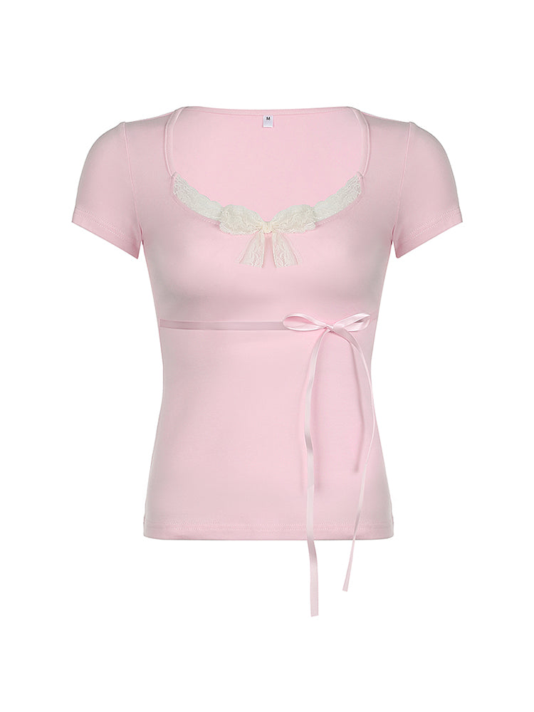 BXOXO - summer inspo Japanese Kawaii Contrast Lace Tie Bow Square Collar Slim Short Sleeve Black T Shirt Women Pink Sweet Balletcore Cute Tees