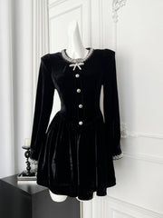 BXOXO Autumn Winter French Elegant Velvet Short Dress Women Retro Bow Button Rivet Zipper Evening Dress Female Chic Black Clothing New
