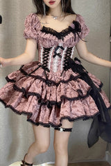 BXOXO Pink Medea Kiss Short Sleeves Gothic Lolita Op Tiered Dress