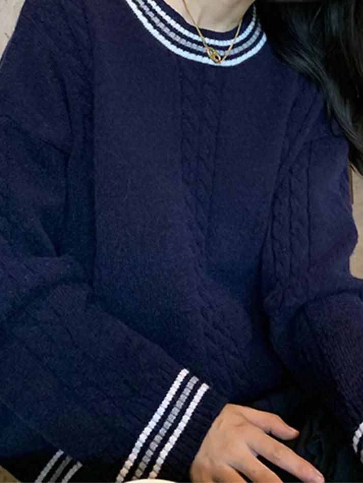 Striped Trim Cable Knit Pullover Sweater
