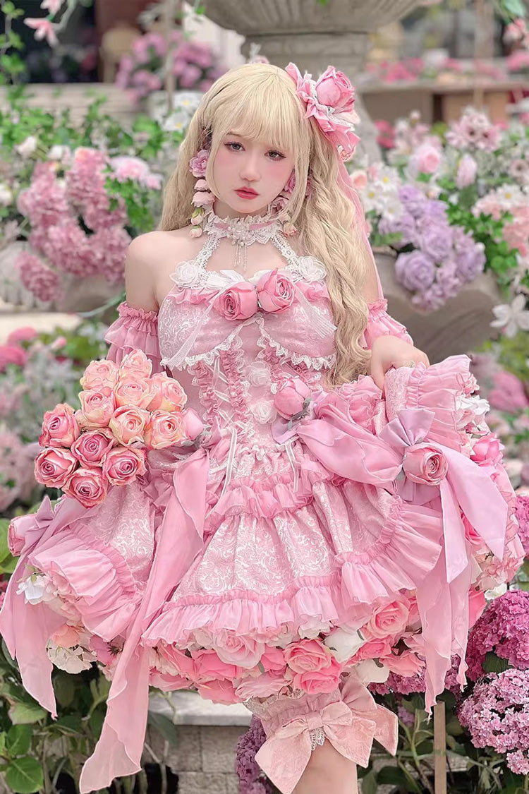 BXOXO - Gem Princess Fish Bone Detached Hime Sleeves Sweet Lolita Princess Dress Set 2 Colors