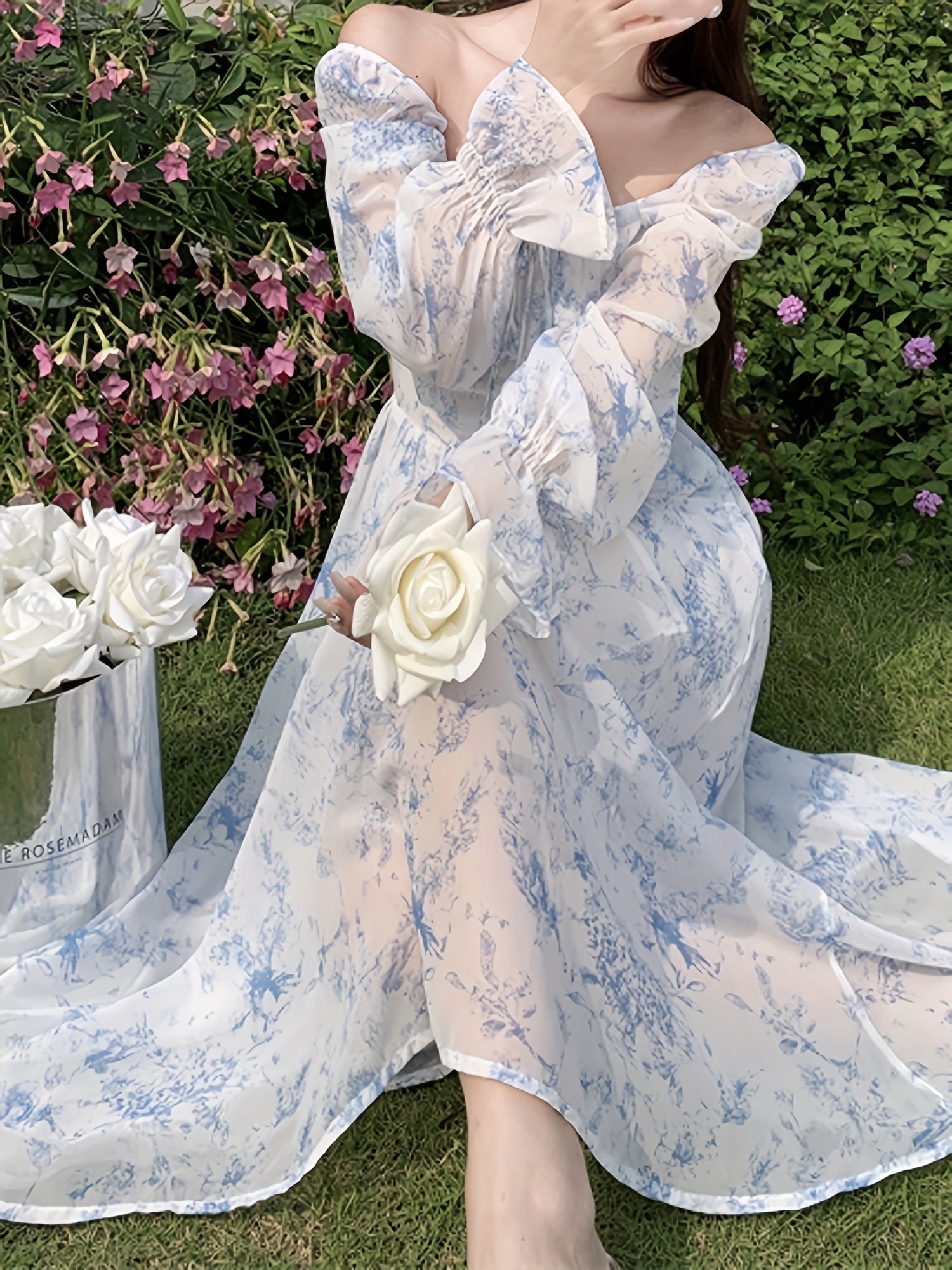 BXOXO Women's Floral Print Square Neck Chiffon Dress with Long Bell Sleeves - Mid-Length H-Line Silhouette, Smocked Detailing & Flowy Umbrella Hem for Casual to Formal Occasions, Floral Print Dress