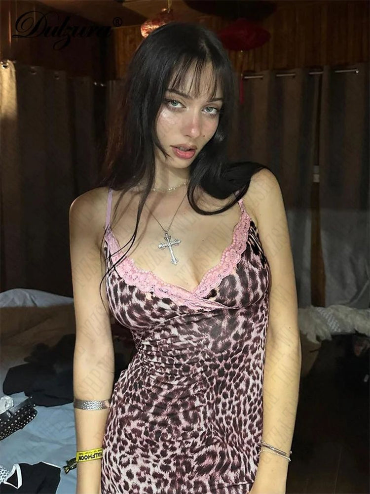Bxoxo Y2k women dress chic lace leopard print retro fashion casual street punk hip hop emo girls Harajuku sweet V-neck suspender dress