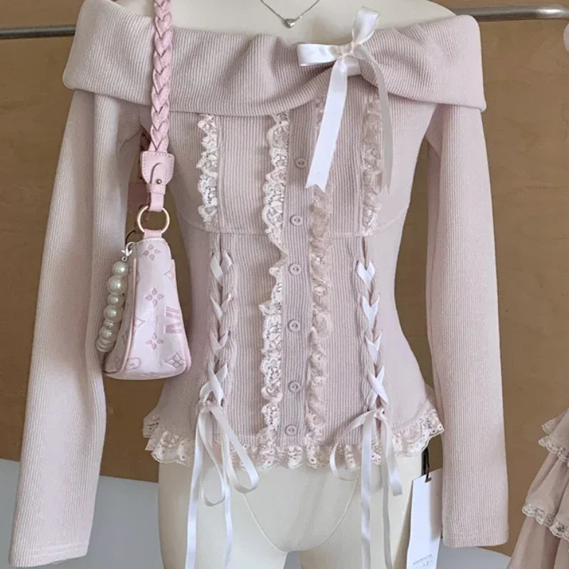 BXOXO Fall Winter Women Korea Kpop Mori Girl 2000s Aesthetic Outfits 2 Piece Set Long Sleeve Off Shoulder Coquette Tops + Mini Skirt