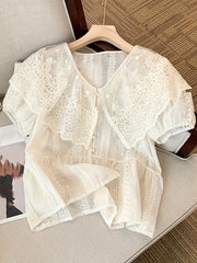BXOXO 1pc Elegant V-Neck Lace Blouse for Women, 100% Polyester Sheer Ruffle Shirt with Button Details, All-Season Woven Solid Color Top