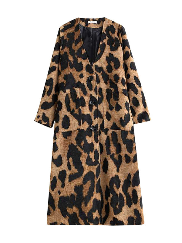 BXOXO Long Sleeves Loose Buttoned Leopard Pockets Split-Joint V-Neck Outerwear Trench Coats