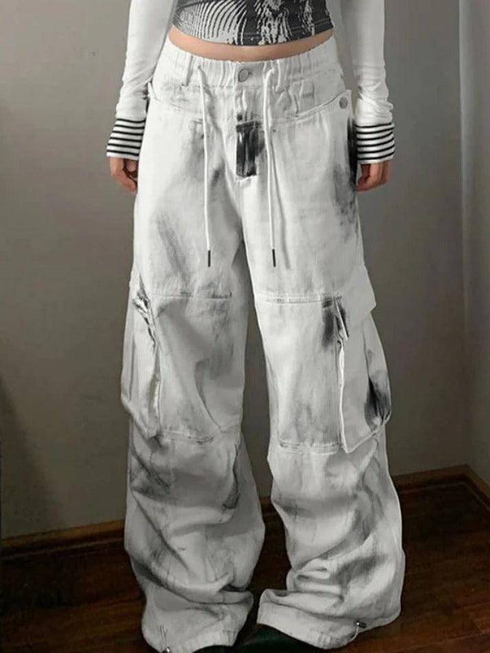 Washed Tie Dye Multi Pocket Lace Up Cargo Jeans