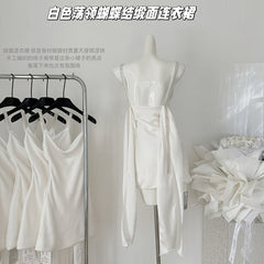 BXOXO - summer inspo French Sexy White Suspender Dress Women Summer Swing Collar Spaghetti Strap Bodycon Dress Fashion Party Club Wear