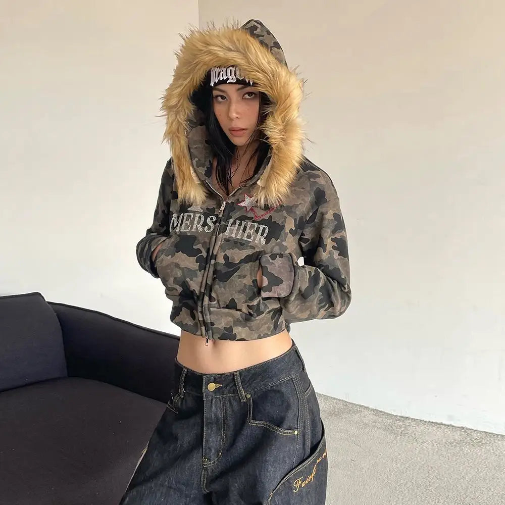 BXOXO Harajuku Zip Up Hoodie camouflage Long Sleeves Tops American Vintage Hoody Harajuku Kpop Punk Coats Top Women Y2k Grunge Hoodies