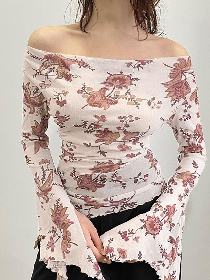 BXOXO - Off-Shoulder Floral Print Bell Sleeve Top